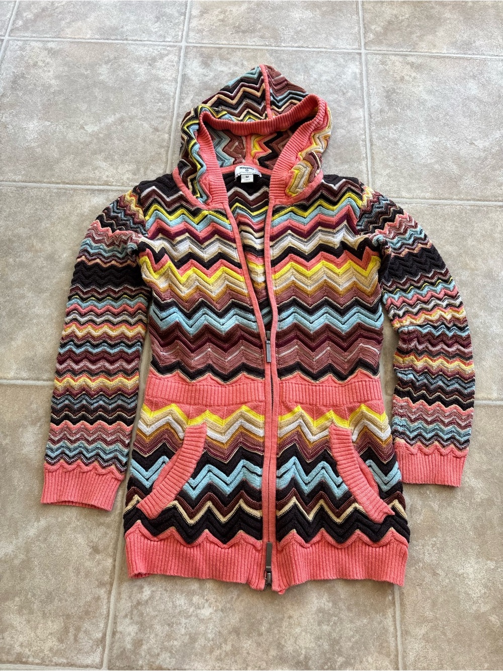 Missoni Multicolor Chevron Zip Hoodie in Coral, Yellow, Brown & Blue Boho